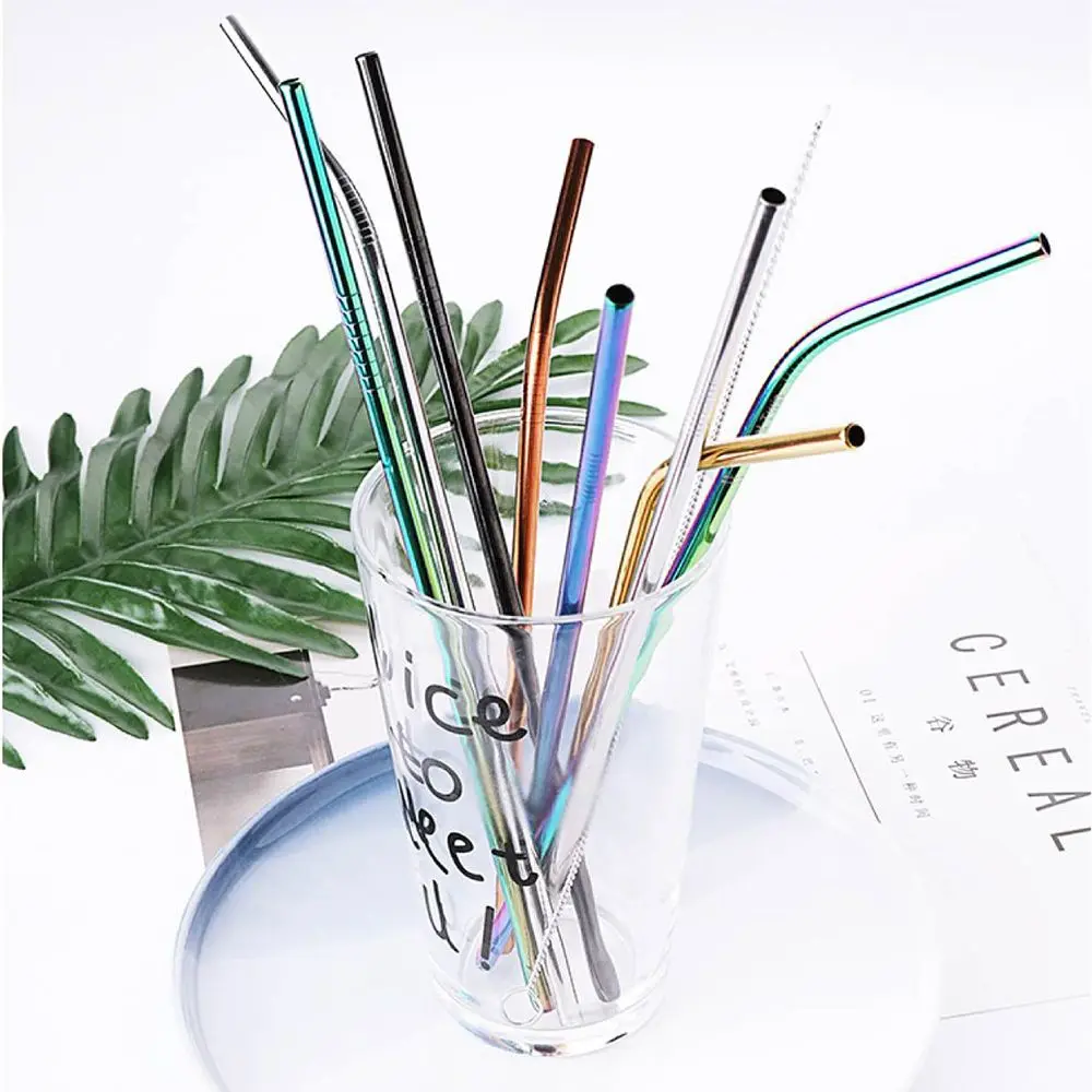 4pcs/pack Eco Friendly Reusable Straw 304 Stainless Steel Straw Metal Smoothies Drinking Straws Set with Brush& Bag