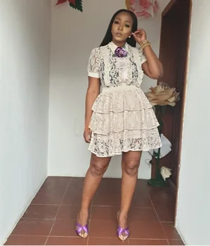 

Lace shirt collar fungus waist A word cake short sleeve dress gift brooch