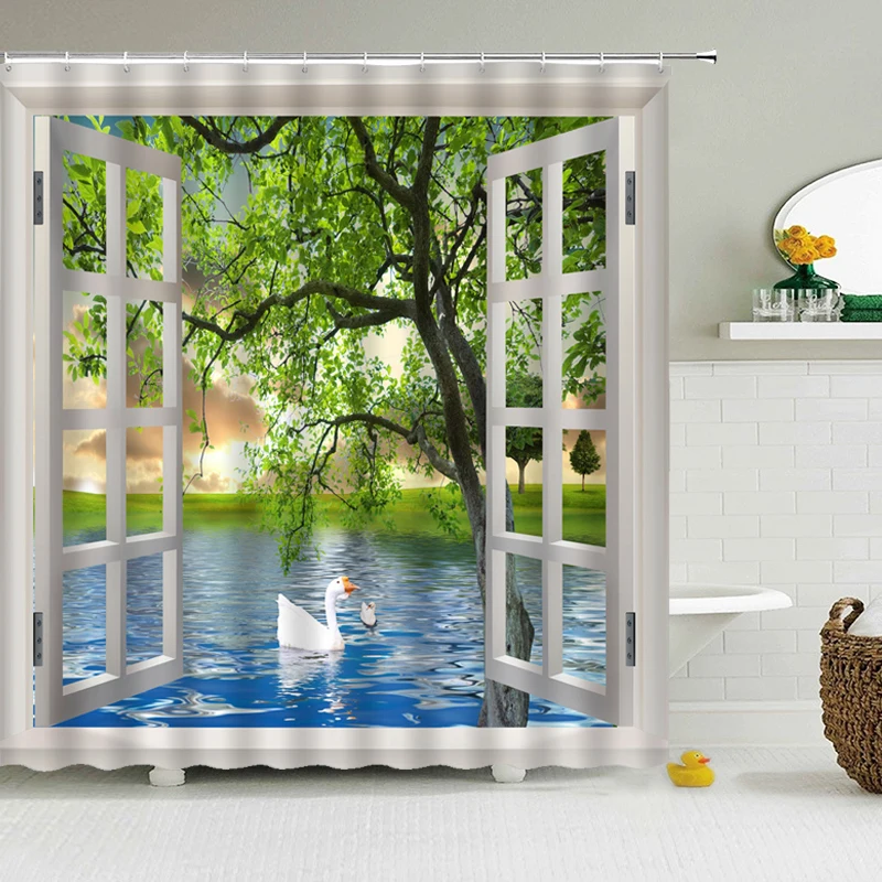 

High Quality 3D printing Flower scenery Waterproof Eco-friendly Shower Curtain with 12 Hooks Sunflower Bathroom curtain