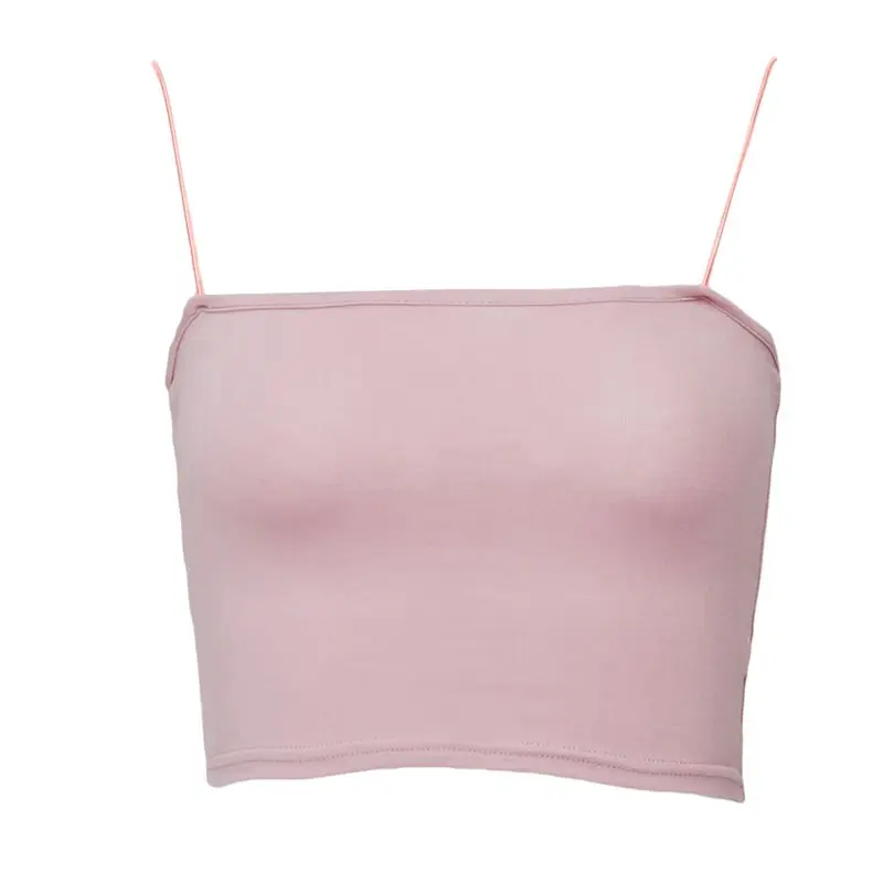 Pink Новинка, сексуальный женский трикотажный короткий топ на плоской подошве с резинкой, Одноцветный жилет с двойным вырезом, облегающий короткий топ на бретельках - Цвет: Pink