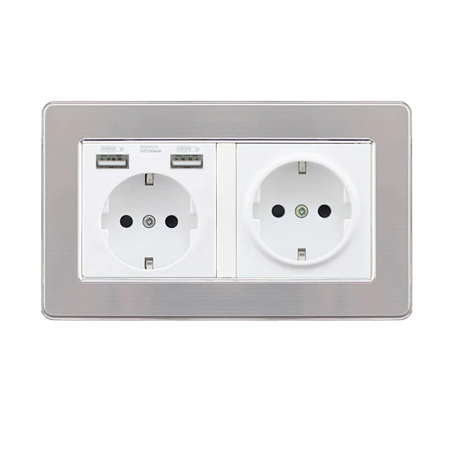 2 socket with 2 USB Atlectric 1, 2, 3, 4 комплекта, 1, 2 позиционный кнопочный светильник, переключатель из нержавеющей стали, панель, розетка, ЕС, FR, французский светильник, розетка, светильник - Цвет: 2 socket with 2 USB
