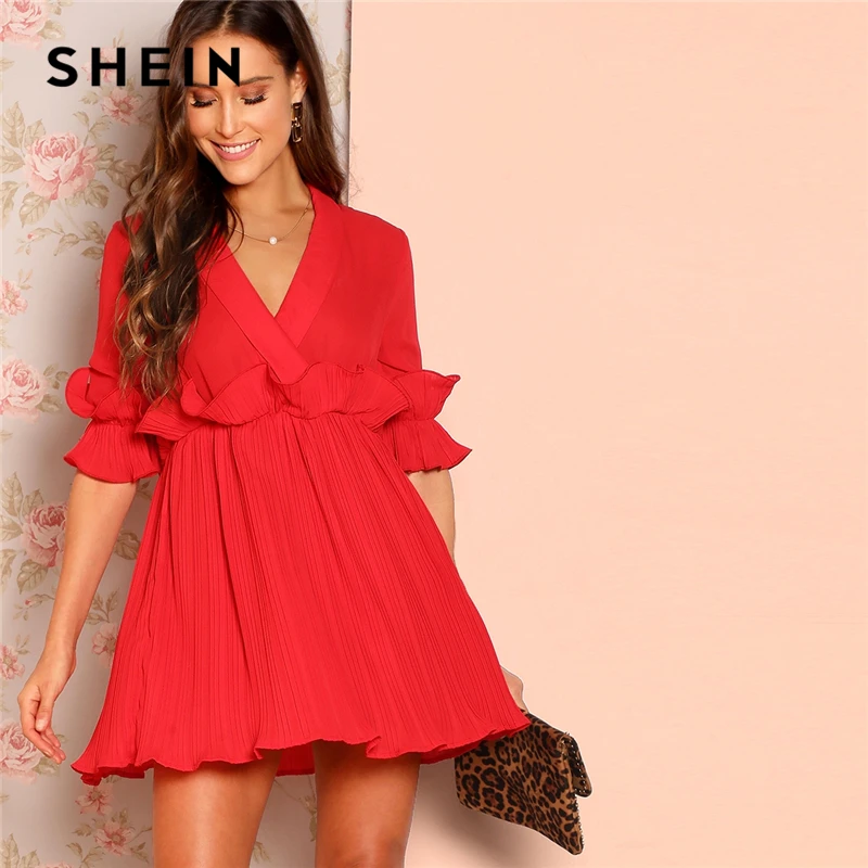 SHEIN Платье На Запах С Глубоким Вырезом И Оборками 2019 Сексуальное Рюшами Средним