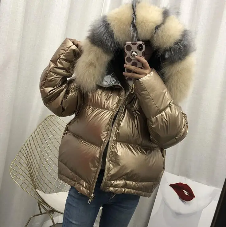 Khaki Белая утка вниз 2 Двусторонняя куртка высокое качество вниз носить Яркая модная куртка Новинки для женщин Silver Fox меховой воротник короткие Для женщин пальто Тонкий - Цвет: Khaki
