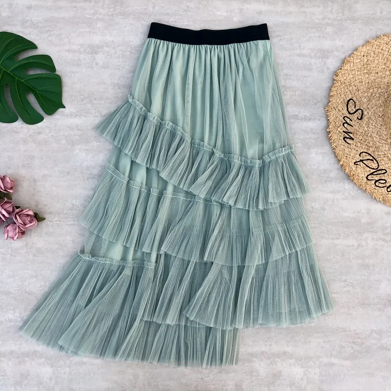 Green Женские модные юбки, юбка-пачка из тюля, Женская длинная юбка макси, асимметричные сетчатые юбки для женщин с высокой талией, Elasitic Jupe Femme - Цвет: Green