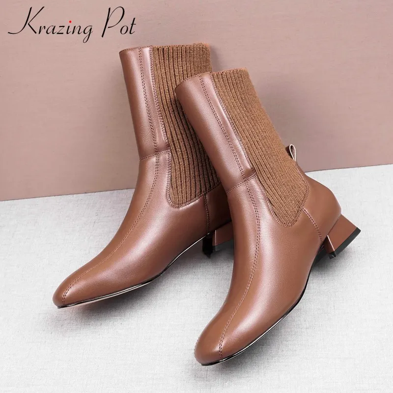 krazing pot leisure style genuine leather knitting boots daily wear med heels round toe winter women warm mid-calf boots L77