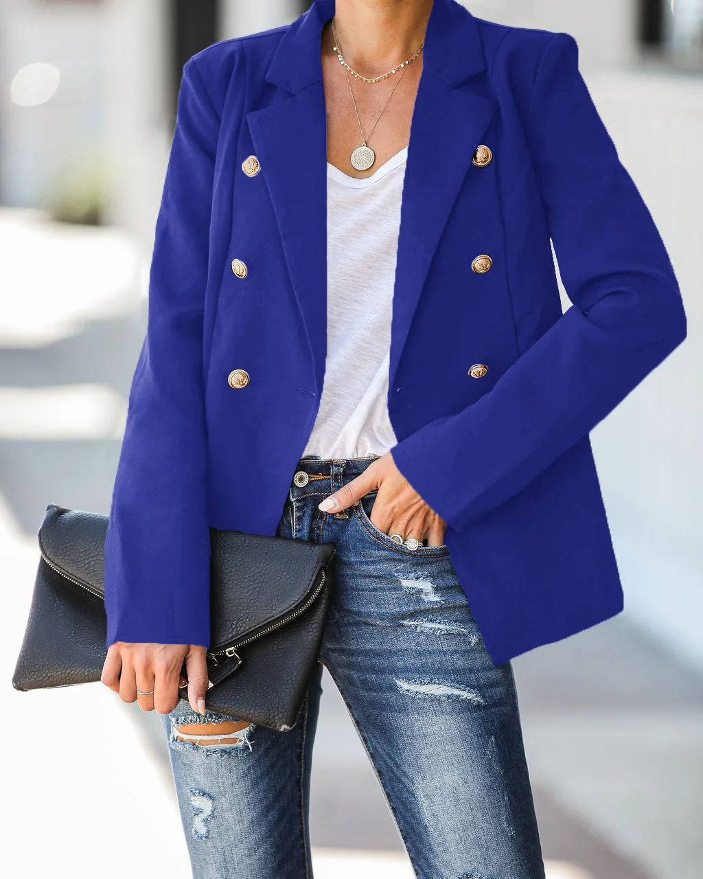 royal blue Женский пиджак размера плюс, пэчворк, однотонный, Ol, Повседневный, двубортный, Женский блейзер, пиджак с зубчатым воротником, женские костюмы, пальто, осень - Цвет: royal blue