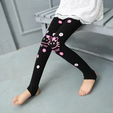 Весенне-осенние леггинсы для девочек обтягивающие детские штаны с котом черные хлопковые леггинсы штаны с рисунком кота для девочек, резинка с бантом