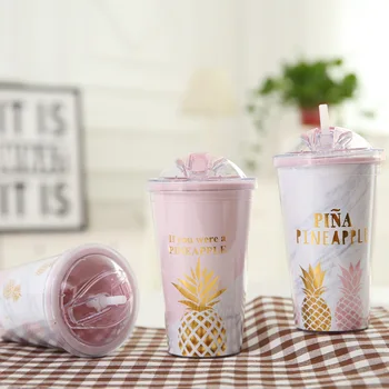 

Pink Pineapple Coffee Mugs BPA Free Plastic Water Bottle Travel Mug Portable Tea Milk Juice Cup With Straw Drinkware 420ML WJ826