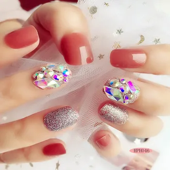 

24pcs/box New Shiny 3D Crystal Decoration fake nails with glue Short Round Head Glitter Women acrylic Artificial Nails press on