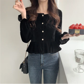 

New spring Vintage velvet Shirt female Oversize Tops Women Long sleeve Girls Blouse Plus Size Autumn Women Blouses femme Blusas