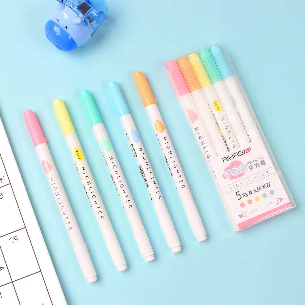

5Pcs /Box Eye Protection Double-head Highlighter Set Manual Diary Decoration Lamp Color Marker Pen Thin Line Pen Fixed