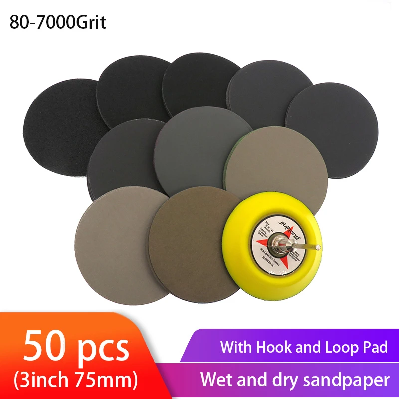 50pcs Wet Dry Sandpaper Assortment 807000 Grit Sander Disc 3inch75mm