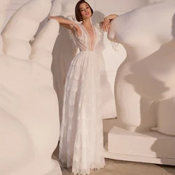 Boho A-Line Wedding Gown Deep V-Neck Sleeveless Lace Appliques Tiered Sexy Bridal Dresses with Button Sweep Train Robe De Mariée