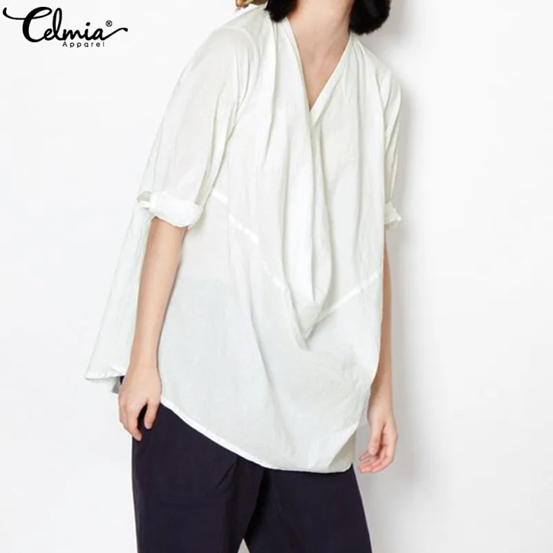 

Celmia 2019 Summer Blouses Women Retro Linen Top Casual V Neck Asymmetric Pleated Tunic Shirt Solid Loose Blusas Mujer Plus Size