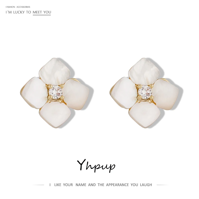 Yhpup Flowers Natural Shell Stud Earrings Korean Shiny Cubic Zirconia Jewelry Exquisite Geometric for Women Gala Gift | Украшения и