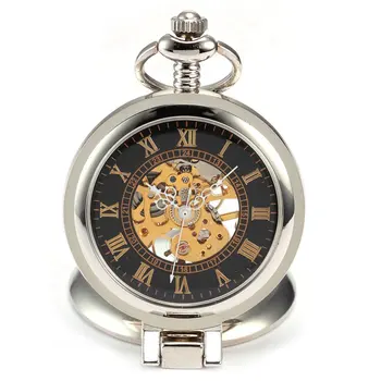 

Retro Fashion Silver Black Magnifier Case Mechanical Hand Winding Men Roman Analog Chain Gift Clock Pendant Pocket Watch/ WPK023