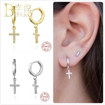 

Real 925 Silver Earrings For Women Gold Cross Earrings Girl Ear Bone Piercing Earring Punk Female Zircon Hoop aretes
