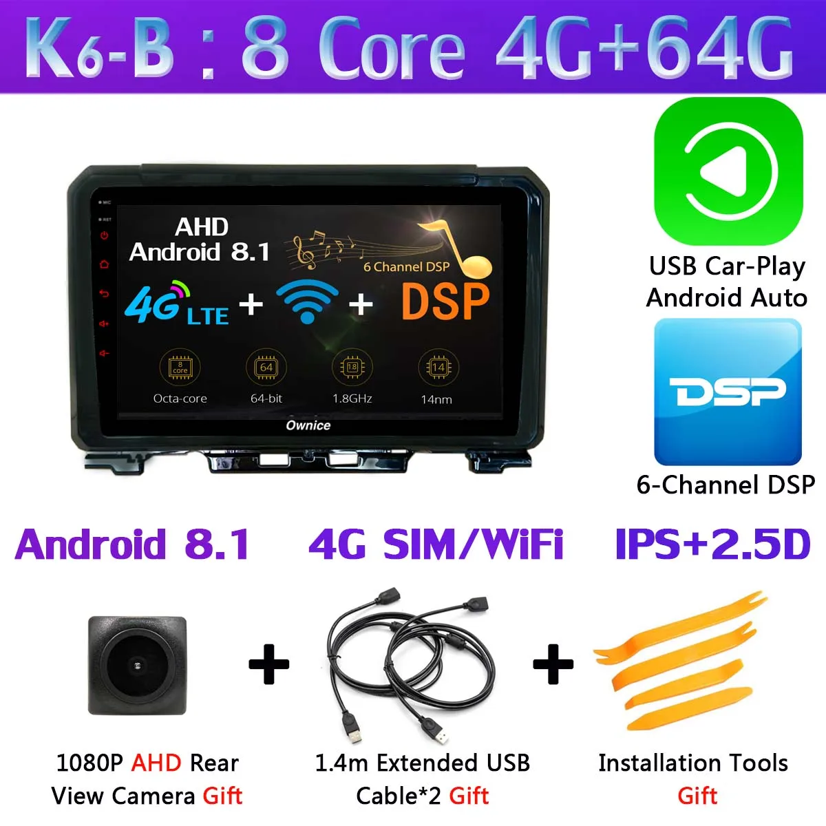 Панорамная камера 360 ° 4* камера 4G SIM Android 9,0 8 ядер 4 Гб+ 64 Гб DSP CarPlay автомобильный мультимедийный плеер для Suzuki Jimny автомагнитола gps - Цвет: K6-B-CarPlay