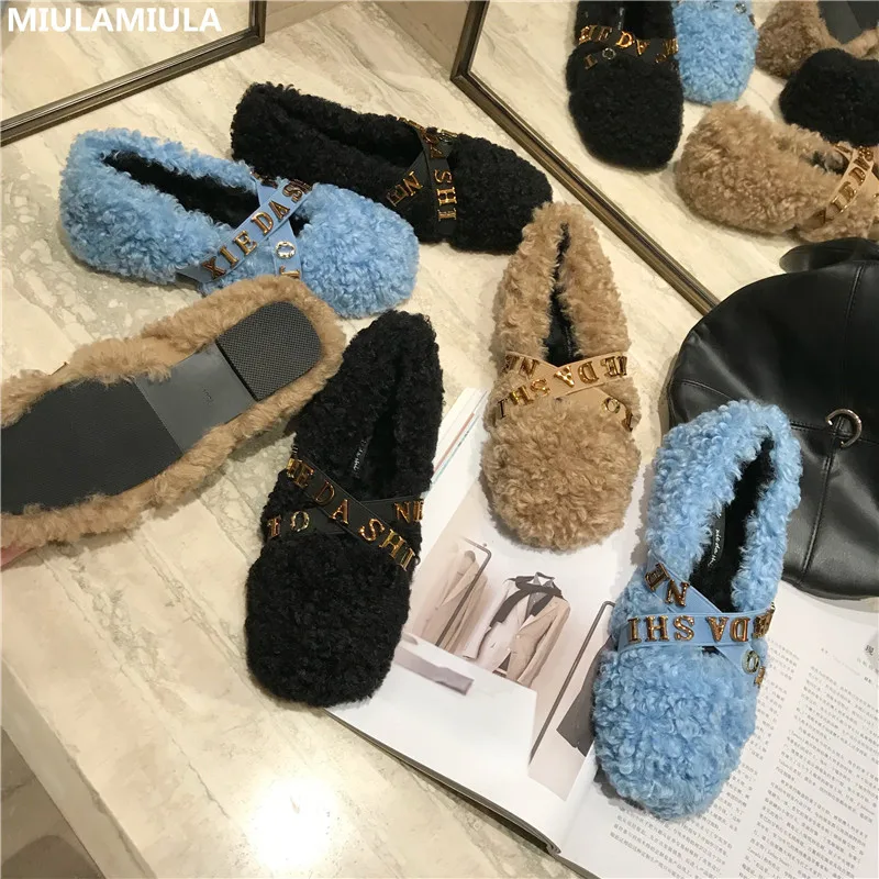MIULAMIULA/фирменный дизайн; коллекция года; Сезон Зима; Роскошные теплые туфли на плоской подошве с ремешком и мягкой подошвой из натурального кроличьего меха; женские повседневные Лоферы без застежки