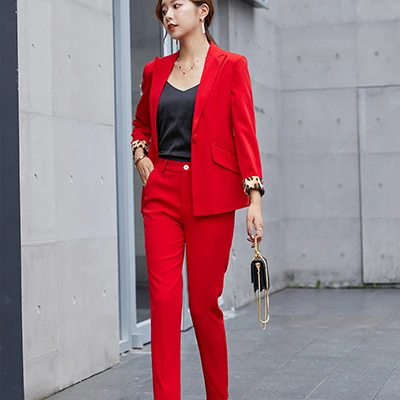 Red Pant Suit Модный Блейзер, брючный костюм для женщин с наклонными карманами, повседневный осенне-зимний шикарный костюм с длинными рукавами красного и черного цвета для офисных дам - Цвет: Red Pant Suit