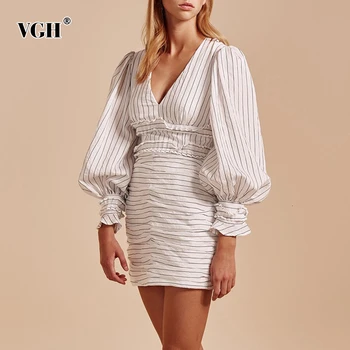 

VGH White Striped Ruched Women's Dress V Neck Lantern Long Sleeve High Waist Autumn Ruffle Mini Dresses Female 2020 Fashion Tide