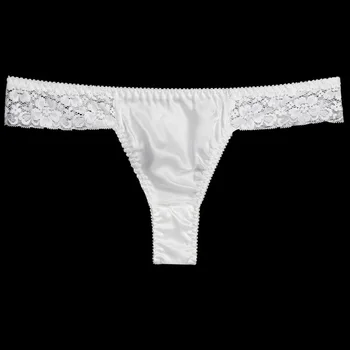 

Women's Briefs Sexy Silk Mid Rise Briefs Breathable T-Back G-String Thong Lace Patchwork Underwear Male Underpants