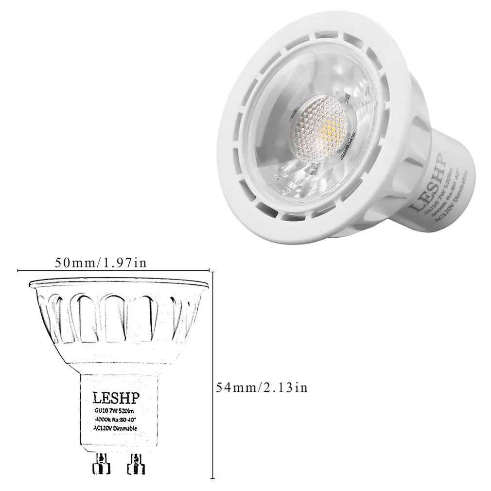 LESHP White GU10 AC120V 7W LED Spotlight 4000K 520LM Dimmable 40 Degree Beam Angle Low Power Consumption Compact Light Weight