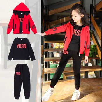 

Girl's suit 2019 new autumn fashion letter printing set in the big boy Korean sports three-piece suit