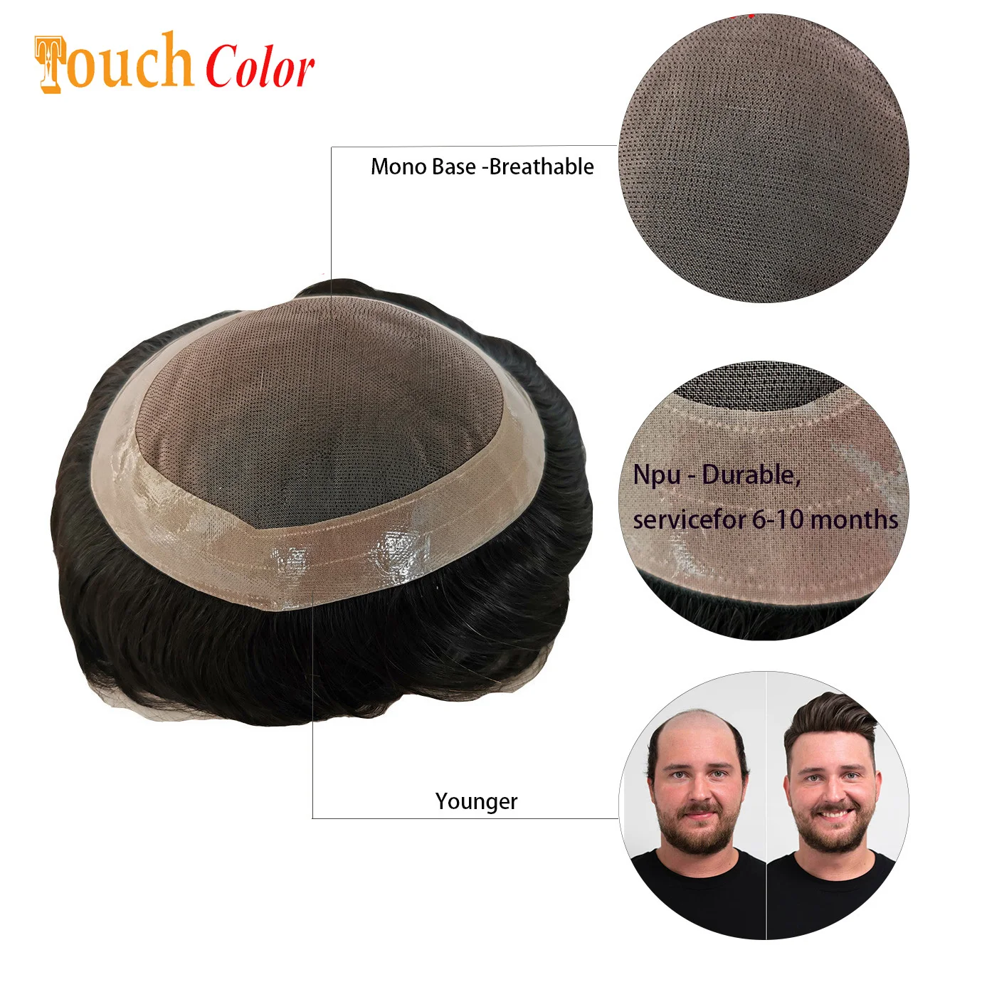 Men Toupee Durable Knots Hair Prosthesis Man Wig Natural Hair Mono&Lace Base Real Human Hair Wig NPU Replacement System Unit 5