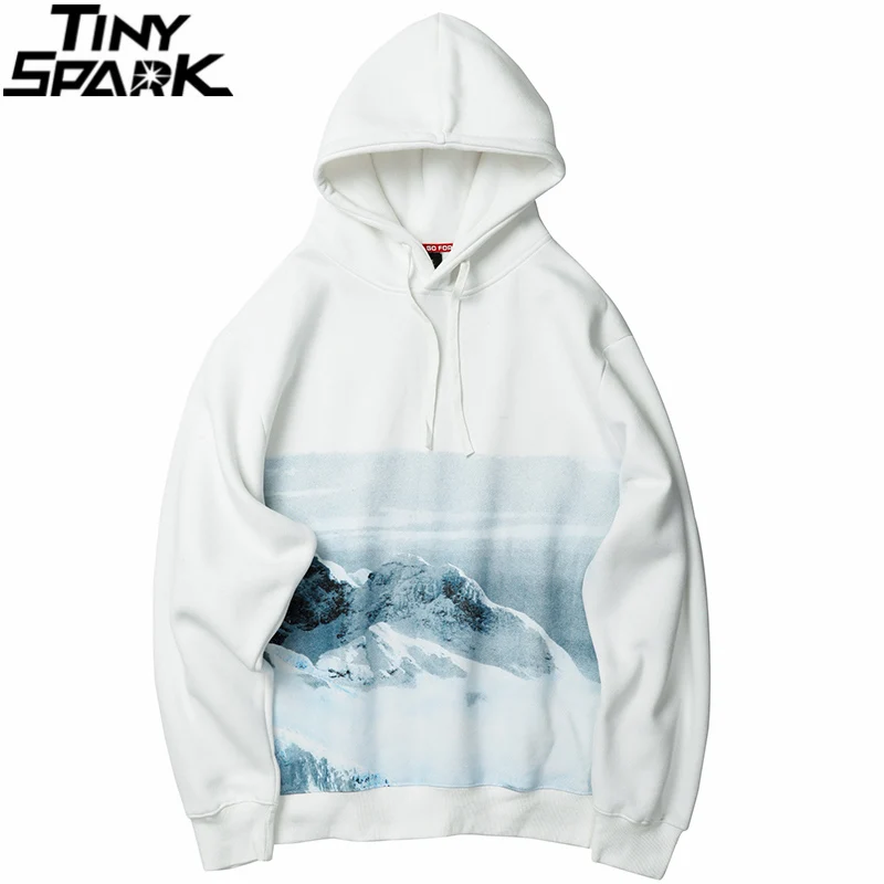 Sweatshirt Streetwear Hoodie Harajuku White Pullover Cotton Print Snow-Mountain-Print