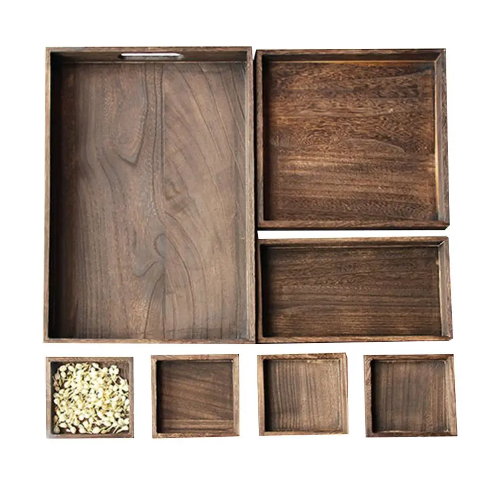 

7PCS/Set Vintage Wooden Storage Tray Retro Wooden Tea Tray Set Hotel Tray Fruit Dishe Dessert Display Plate Kitchen Serving Tray