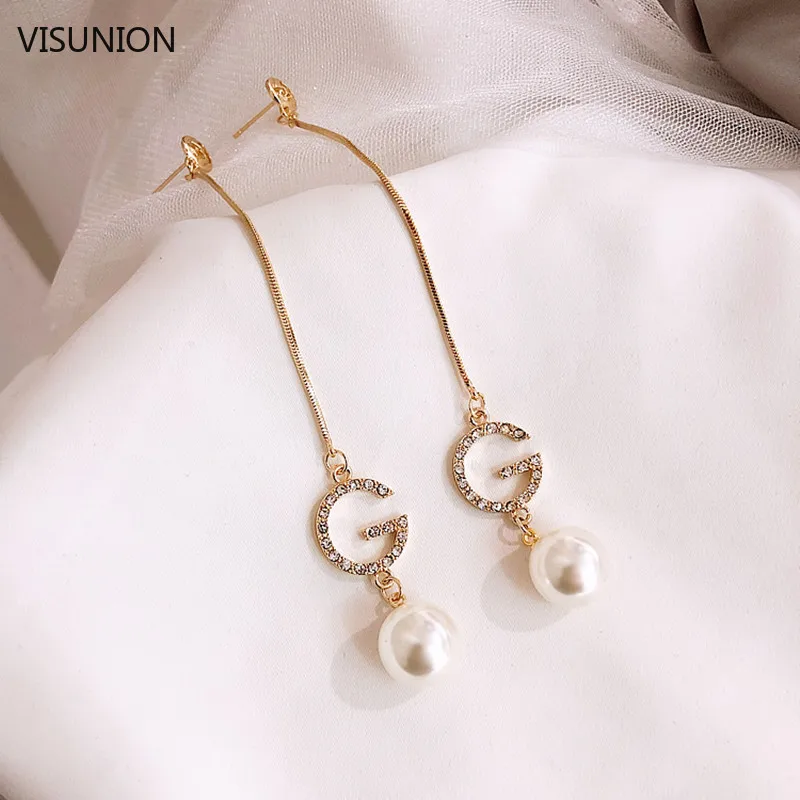 

Fashion Letter G Link Chain Dangle Earrings Elegant Imitation Pearl Crystal Alphabet Ear Studs Simple Gold Earring for Women New