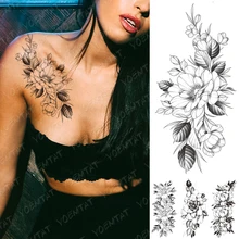 

Waterproof Temporary Tattoo Sticker Peony Flower Plum Blossom Flash Tattoos Female Black Minimalist Line Body Art Fake Tatto