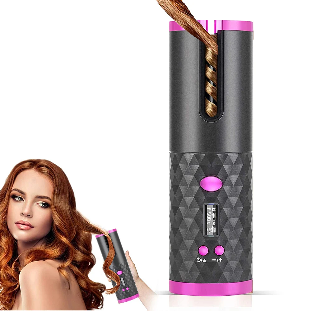 Rizador de pelo automático inalámbrico, rizador de pelo recargable por USB, rizador de pelo de cerámica con pantalla LCD