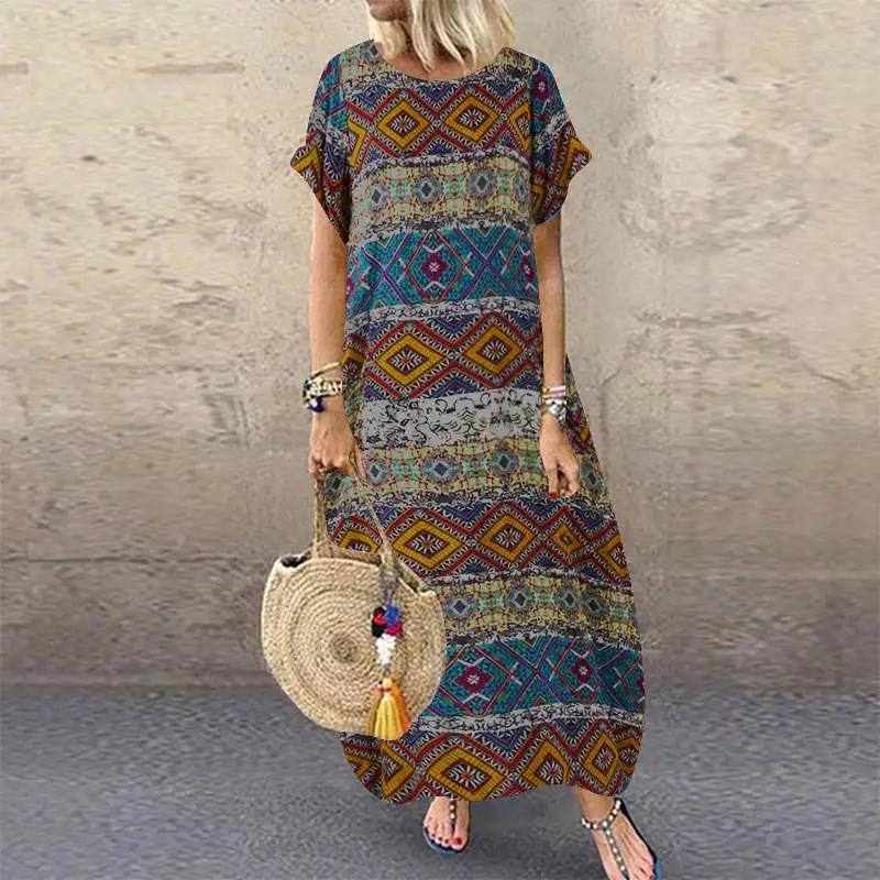 Summer Geometric Printed Dress 2020 ZANZEA Short Sleeve Bohemian Sundress Women Vintage Casual Beach Party Long Vestidos Female Summer Geometric Printed Dress 2020 ZANZEA Short Sleeve Bohemian Sundress Women Vintage Casual Beach Party Long Vestidos Female