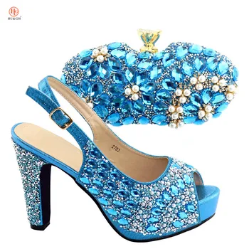 

NEW Italian fashion trand Decorated with rhinestones designs Lady High heels Party Matching Shoes And Bag Set Traditional Africa