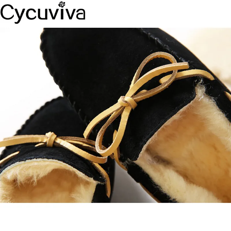 New Bow Wool Boots For Women Concise Slip On Casual Flat Shoes Woman Comfy Warm Runway Ankle Boots Natural Fur Winter Shoes