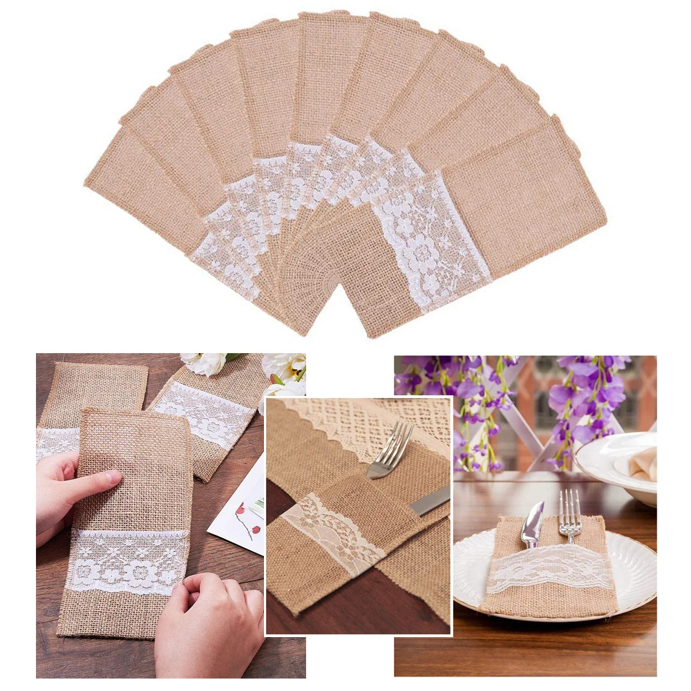 

Burlap Lace Cutlery Pouch Rustic Wedding Tableware Knife Fork Holder Bag Hessian Jute Table Party Wedding Decoration Accessories