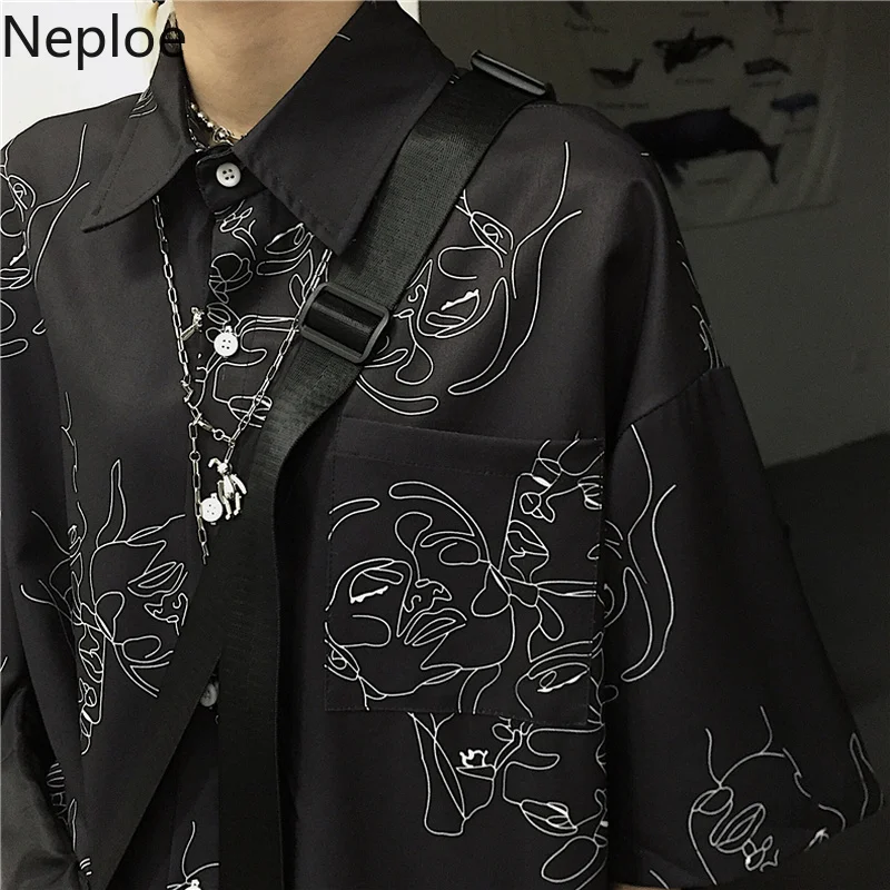 Neploe, лето, Корейская рубашка с коротким рукавом и принтом, свободная, Bf стиль, унисекс, отложной воротник, прямые блузы, простая черная блузка