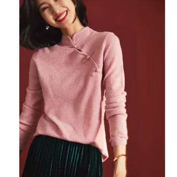 

women's cheongsam cashmere wool sweaters pullover long sleeve plus size loose Female beige knitwear 2020 Autumn Winter free ship