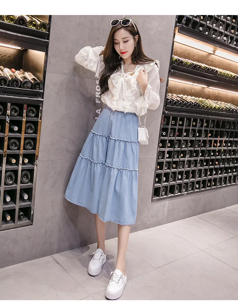 Light Blue Denim Skirts Korean Fashion Women High Waist Long Jeans Skirts Solid Color S-XXXL Midi Saia AE589