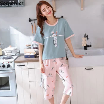 

Pajama Sets Women Daily Summer Short-sleeved Thin Sleepwear High Quality Soft Loose Kawaii Round Neck Cartoon Womens Clothing