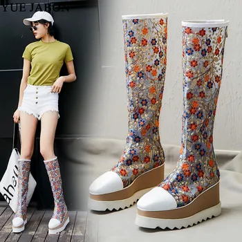 

2020 Fashion Runway Flower Embroidered Boots Pointy Toe Knee High Woman Boot 8cm High Platform women casual long Boots Zapatos