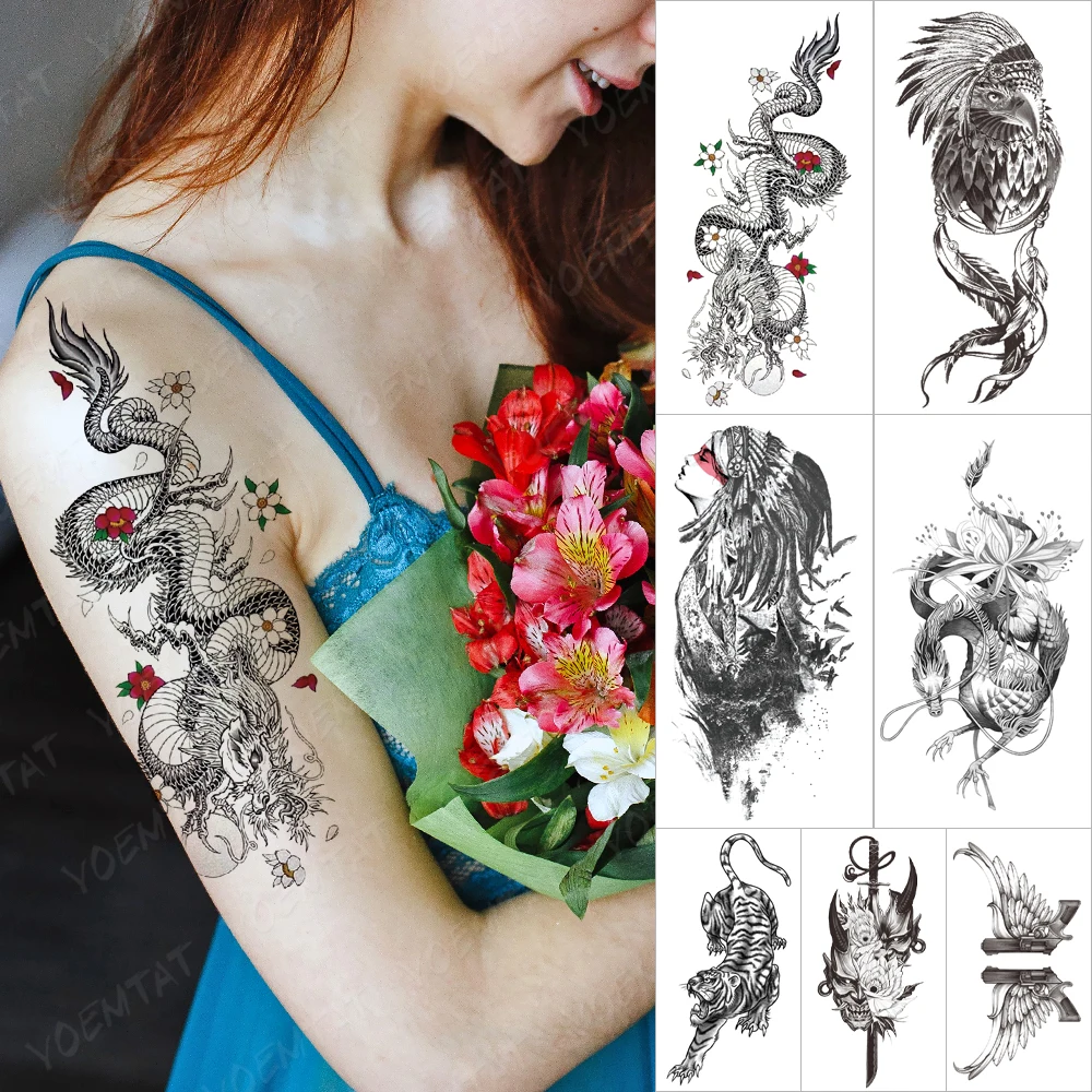 

Waterproof Temporary Tattoo Sticker Plum Sun Dragon Tattoos Black Line Eagle Lotus Body Art Arm Fake Sleeve Tatoo Women