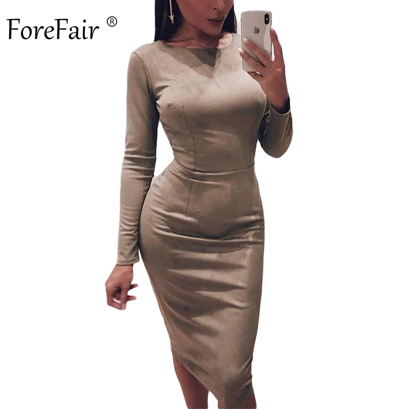 Forefair, замшевое, миди, с длинным рукавом, сексуальное платье для женщин, осень, вечерние, для клуба, зима, теплое, тонкое, элегантное, одноцветное, облегающее, платье-карандаш для женщин - Цвет: Khaki Dress