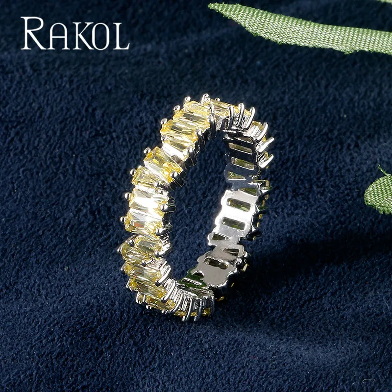 RAKOL, новинка, модное, роскошное, очаровательное, AAA, багет, кубический цирконий, обручальное кольцо для женщин, многоцветная, Т-образная форма, Cz камень, вечерние ювелирные изделия - Цвет основного камня: Yellow