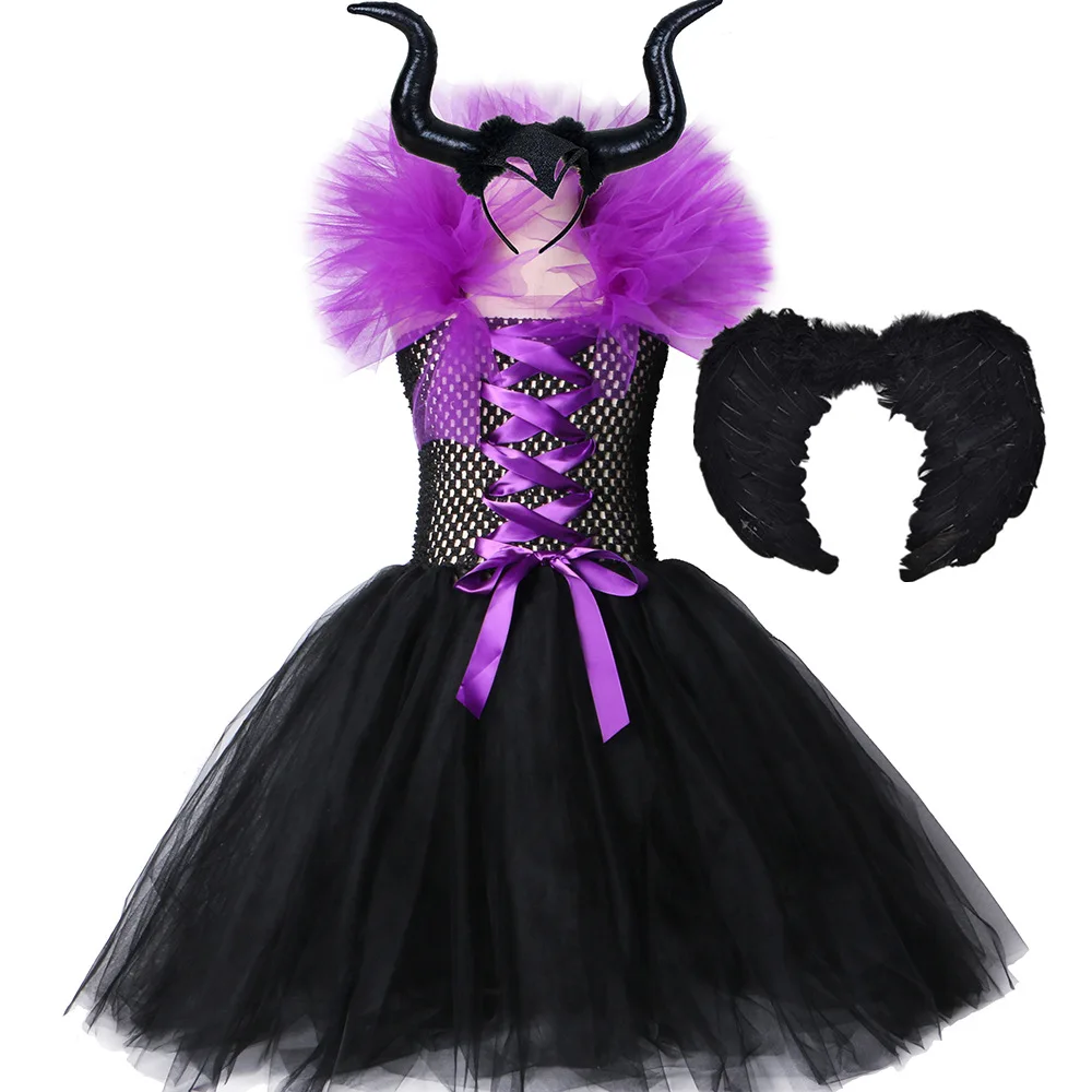 Maleficent of evil queen/платье для девочек с рожками, крылышками, костюмы на Хэллоуин для детей, одежда для костюмированной вечеринки для девочек, детский праздник - Цвет: 3pcs-black