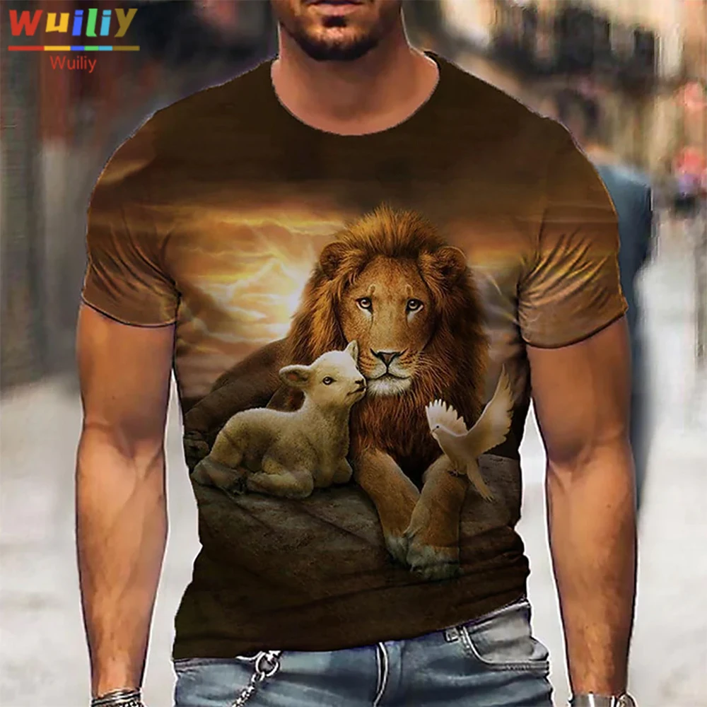 Футболка с рисунком животных для мужчин, летняя футболка с 3D-принтом льва и овцы, Спортивная футболка для мужчин и женщин, новинка, топы в стиле хип-хоп