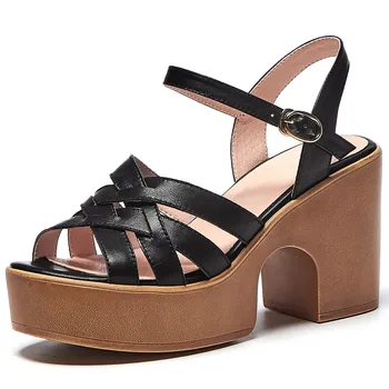 

Women's genuine leather narrow band cross strap chunky heel platform sandals open toe summer high heels comfortable dress shoes