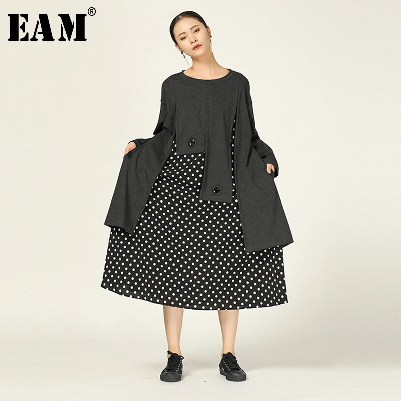 

[EAM] Women Spliced Dot Print Irregular Oversize Dress New Round Neck Long Sleeve Loose Fit Fashion Spring Autumn 2020 1A999